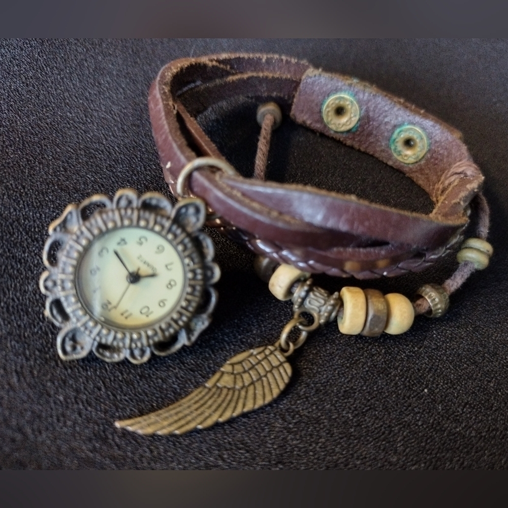 Vintage Boho Beaded Brown Leather Wrap Watch - Picture 5 of 9